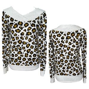 No Frills Ivory Leopard Animal Print Long Sleeve Top Contrast Rib Knit Trim Sz S